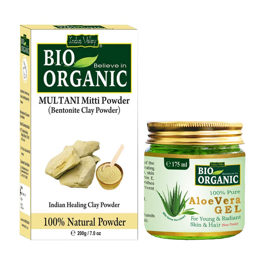 INDUS VALLEY Bio Organic Non-Toxic Aloe Vera Gel and Multani Mitti Powder | Healing Clay - for Acne, Scars, Glowing & Radiant Skin Treatment (175ml + 200g)