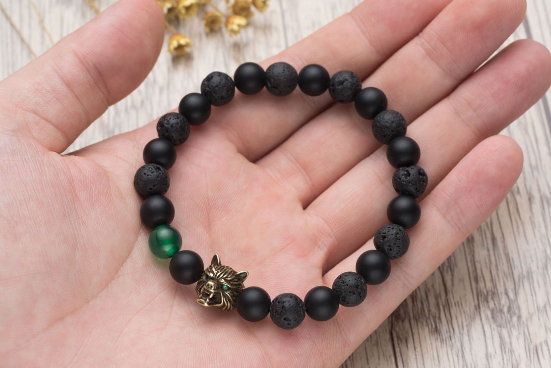 Karseer Viking Wolf Head Charm Healing Crystal Stress Relief Anti Anxiety Energy Stone Beaded Bracelet Antique Bronze Wolf