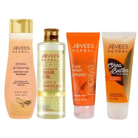 Jovees Herbal Henna & Ginseng Anti Hair Loss Shampoo (300ml) + Bringraj & Olive Hair Oil- (200ml) + Papaya Face wash (120ml) + Shea butter Moisturiser (100g) Set Of 4