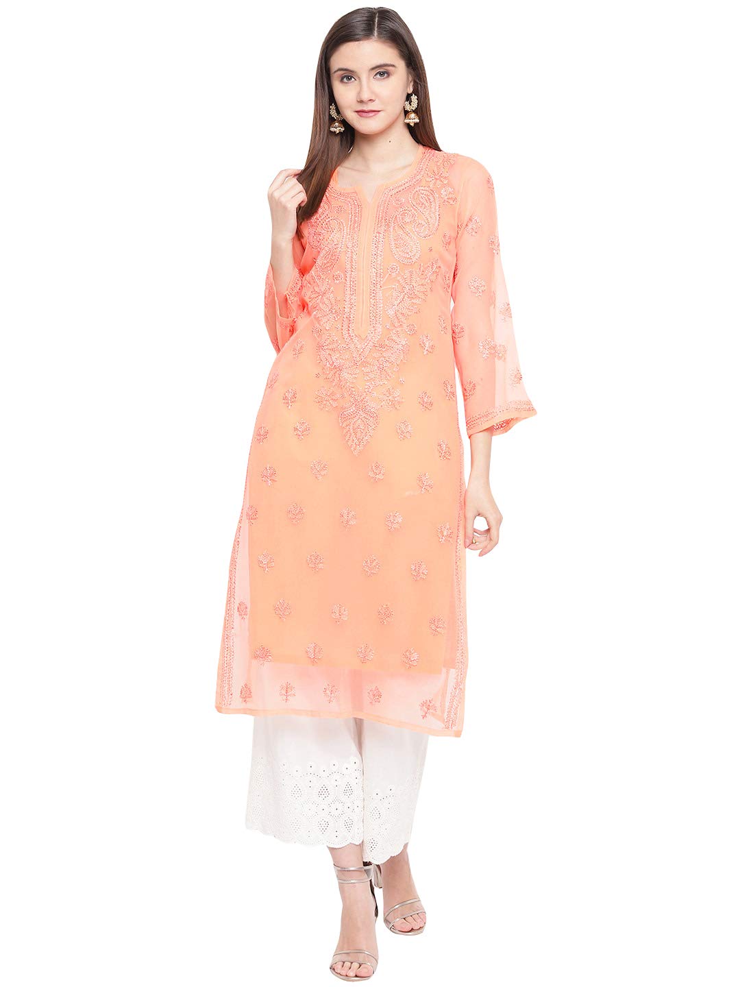 Ada Lucknowi Hand Embroidered Chikankari Women's  Georgette Kurta Kurti with Slip