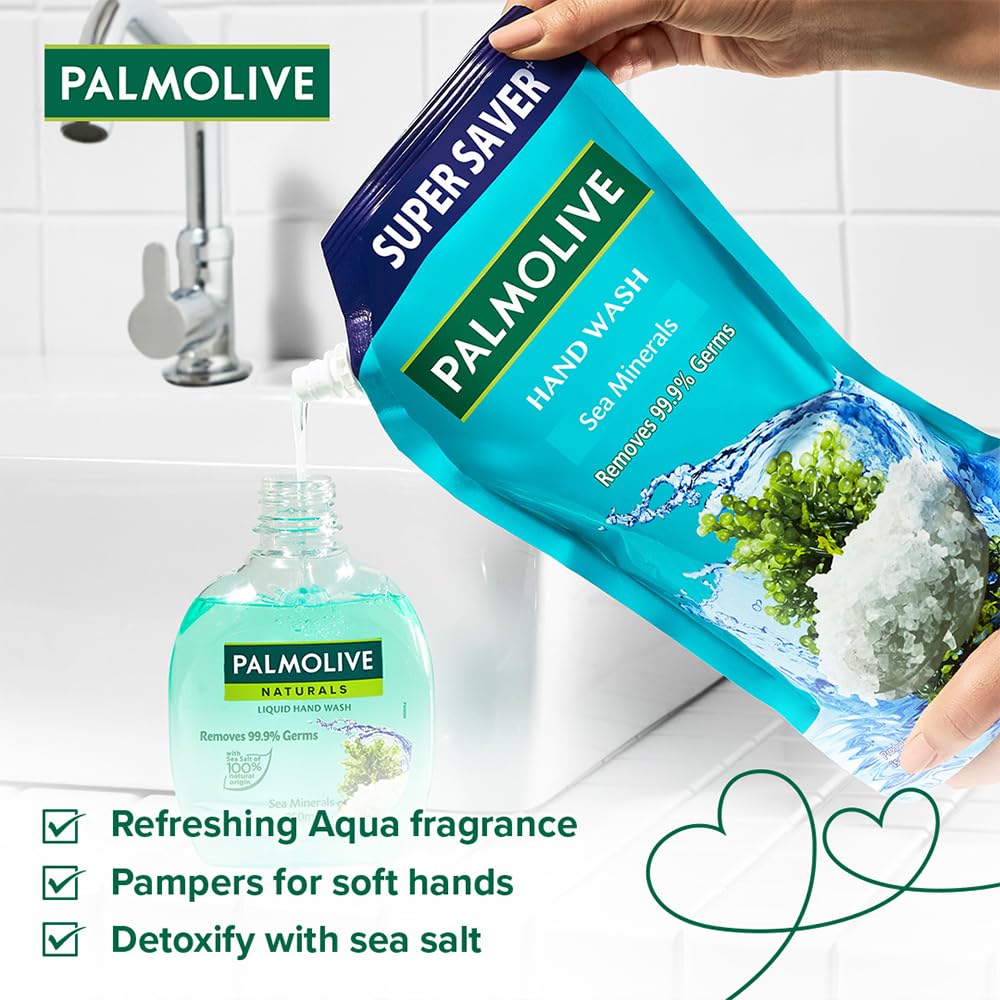 Palmolive Naturals Sea Minerals Liquid Hand Wash Refill 750ml, Remove 99.9% of Germs, Refreshing Fragrance Handwash Refill Pack,