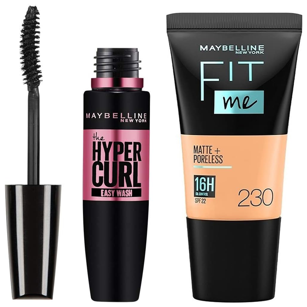 Maybelline New York Fit Me Matte+Poreless Liquid Foundation Tube, 230 Natural Buff, 18ml and Maybelline New York Hypercurl Mascara Washable, Black, 9.2ml