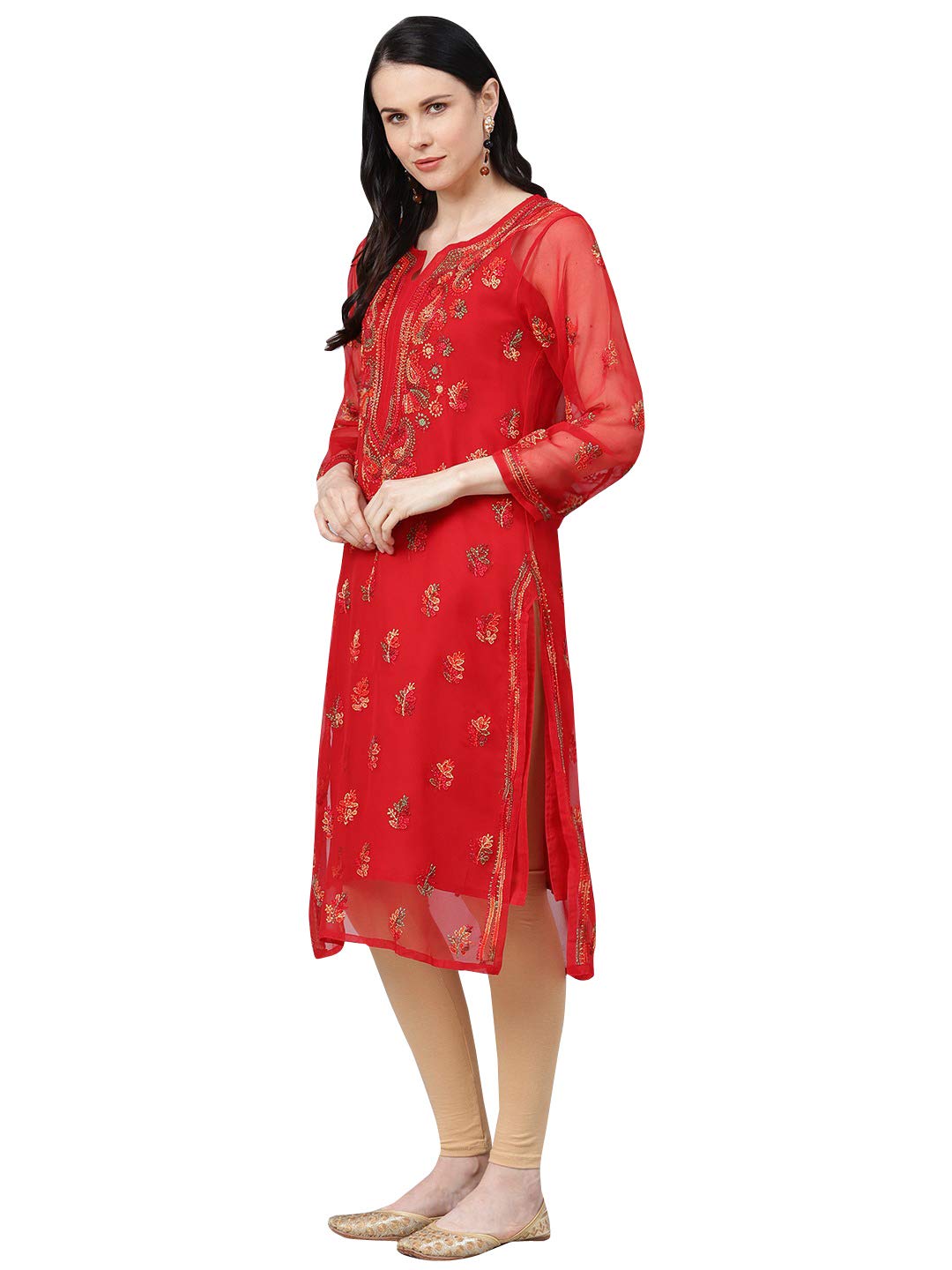 Ada Lucknowi Hand Embroidered Chikankari Women's  Georgette Kurta Kurti with Slip