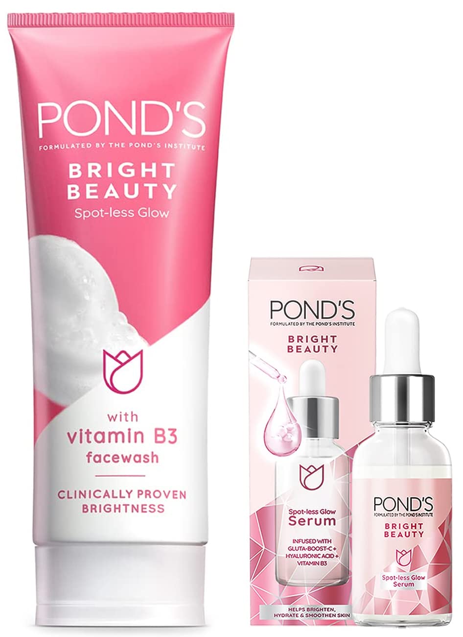 Pond's  Face Care combo - Bright Beauty Spot-less Glow Serum, Infused with Hyaluronic Acid, Vitamin B3, Gluta-Boost-C, 30ml + Spot-less Glow Face Wash with Vitamins, 200g