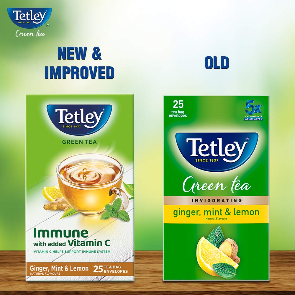 Tetley Green Tea Immune, With Added Vitamin C, Ginger, Mint & Lemon, 25 Tea Bags, 1.4gx25