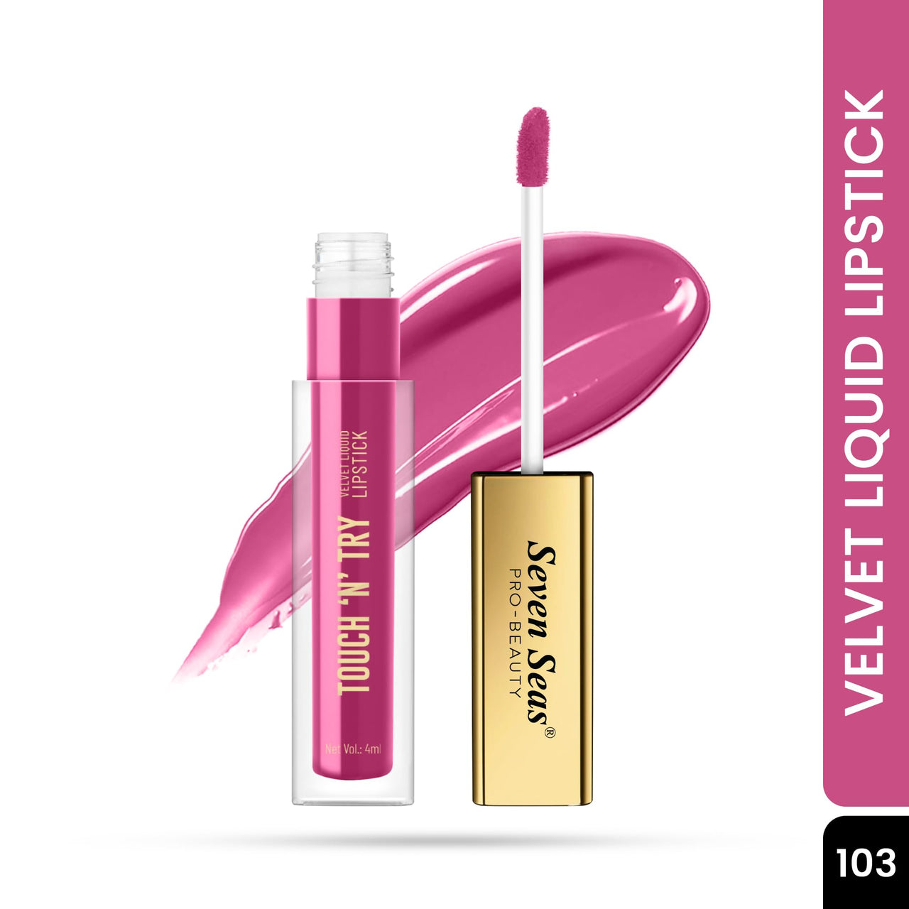 Seven Seas Touch N Try Velvet Liquid Lipstick | Matte Finish | One Swipe Application | Non Transfer | Water Proof | Liquid Lipstick for Women | Long Lasting Stay Up to 8 Hours (03, 4ML)