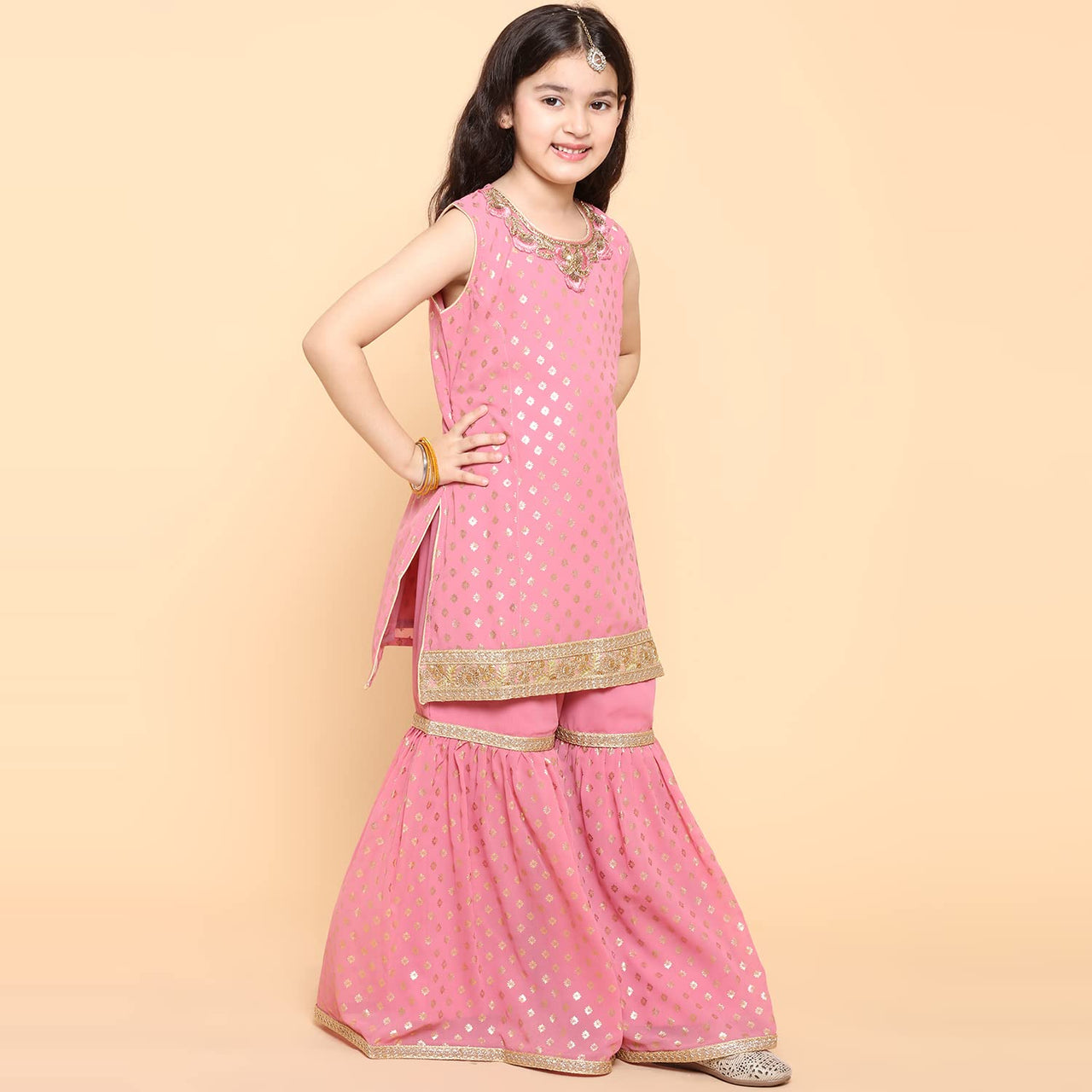AJ DEZINES Kids Foil Print Sleeveless Kurta and Sharara Set For Girls 6 Years-7 Years