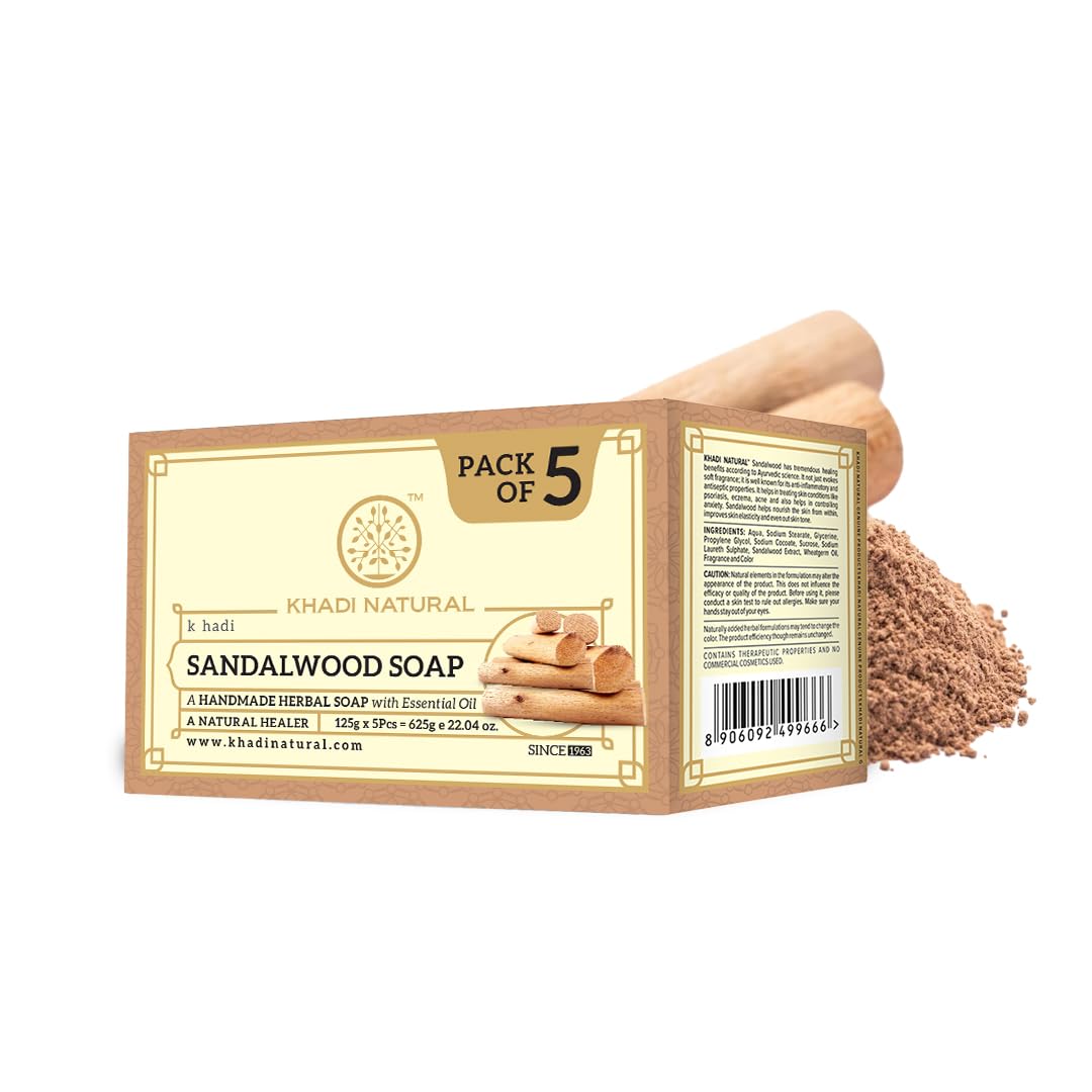 Khadi Natural Sandalwood Soap | Natural Handmade Soap | Herbal Bathing Soap for Hydrated Skin | Natural Soap with Essential Oils | Suitable for All Skin Types | Pack of 5(125gx5) (625g)