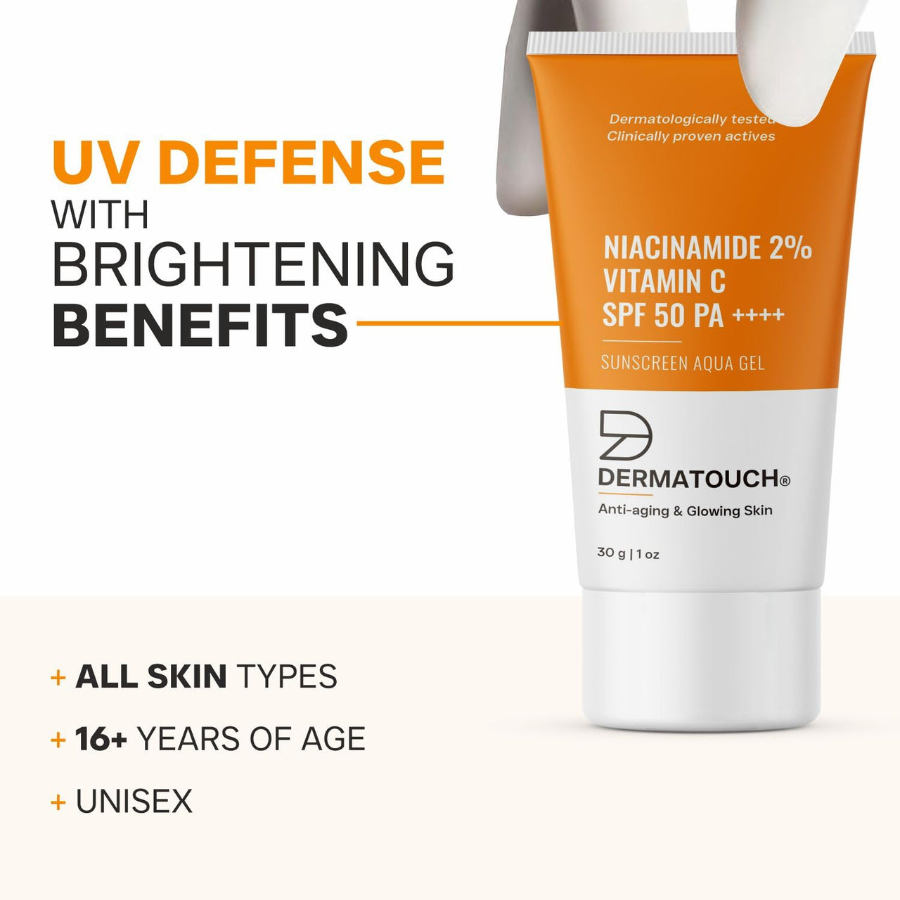 DERMATOUCH Niacinamide 2% Vitamin C Sunscreen for glowing skin | SPF 50+ PA ++++ | Quick Absorbing | Zero White Cast | 30g