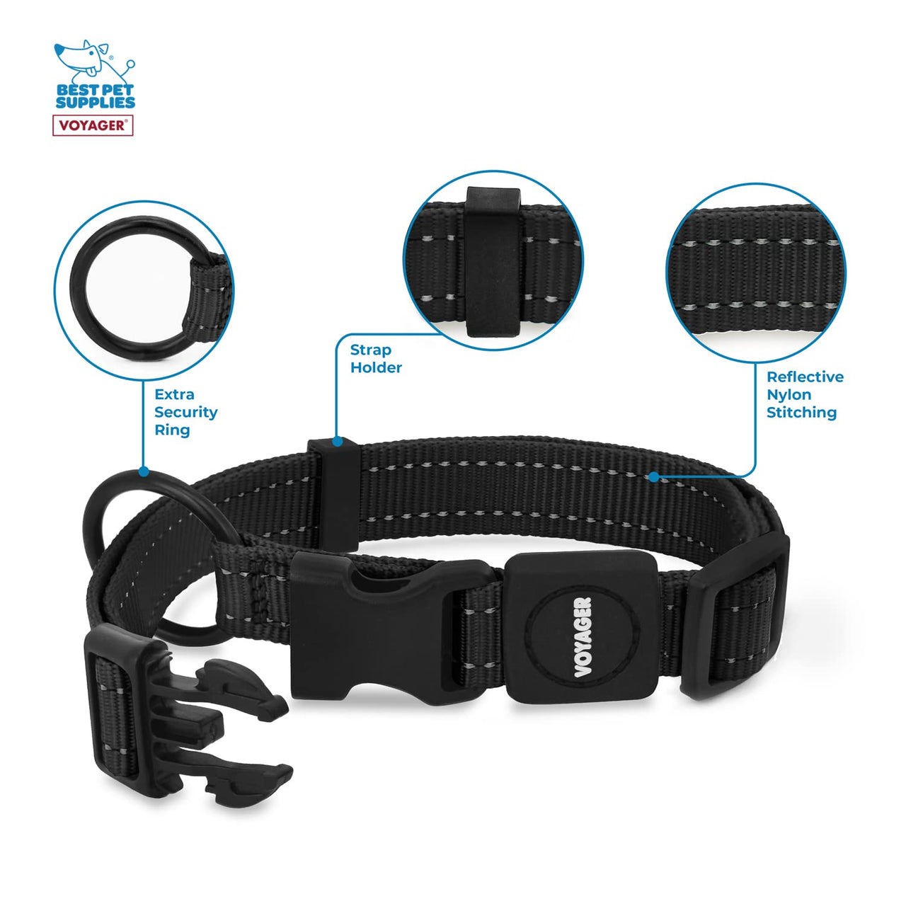 Voyager Reflective Dog Leash Collar Set with Neoprene Handle Supports Small, Medium, and Large Breed Puppies, Cute and Heavy Duty for Walking, Running, and Training - Black, S Leash Collar Set (Black) Leash Collar Set (5/8")