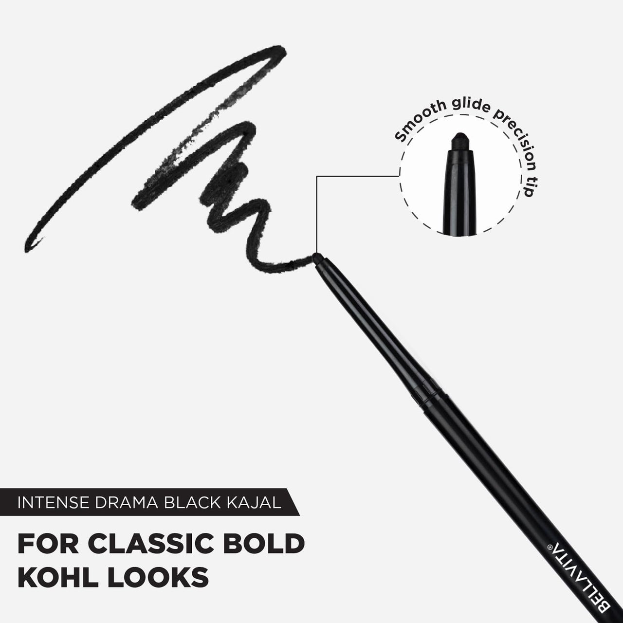 BELLAVITA Intense Drama Kajal, Black, Intense Pigment, Smudge-Proof, Long Lasting, Enriched with Vitamin E & Almond Oil, Glossy, 0.3 g