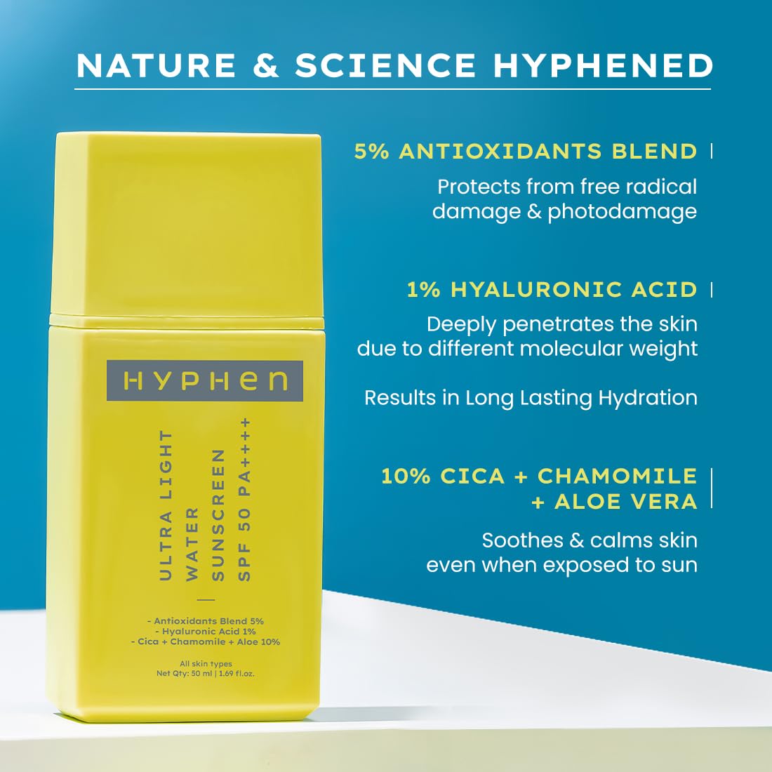 Hyphen 1% Hyaluronic Ultra Light Water Sunscreen SPF 50 PA ++++ | Broad Spectrum & Blue Light Protection | No White Cast | 5% Antioxidants Niacinamide Vitamin E | Korean Sun cream for Men Women | 50ml