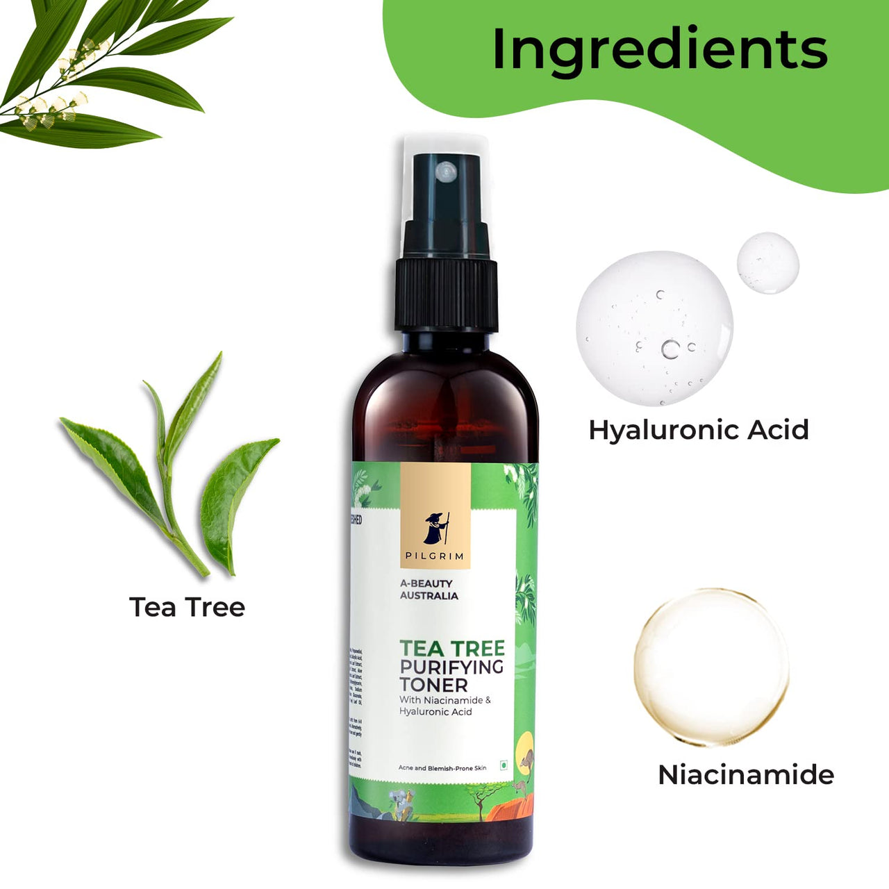 Pilgrim Tea Tree Clear Skin Combo | Tea Tree & 1% Salicylic acid Foaming Face wash with brush 120ml, Tea Tree & 2% Niacinamide toner 100ml | For Deep Cleanse & Tighten Pores | for Women & Men