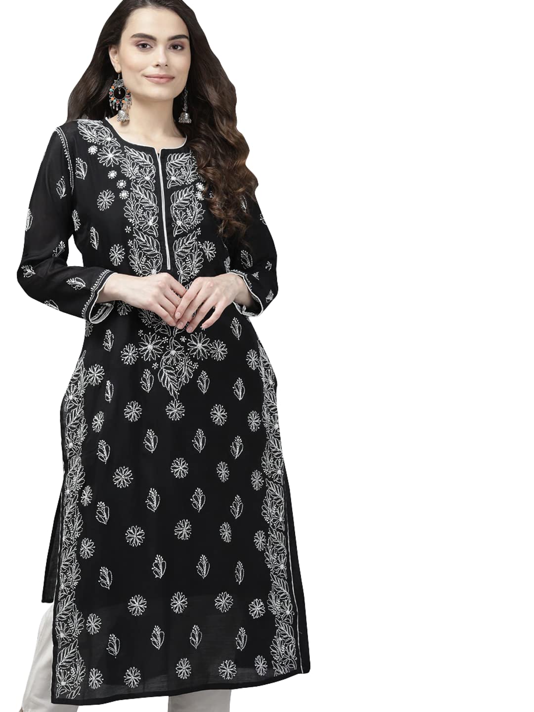 Ada Hand Embroidered New Lucknowi Chikankari Chanderi Kurta Kurti for Women A411175