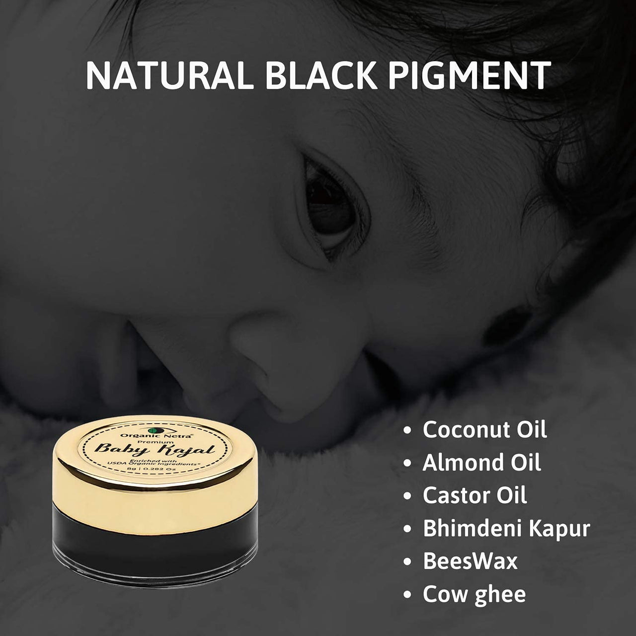 "Organic Netra Baby Kajal 8g for Newborns Water-Resistant Smudgeproof Longlasting Enriched with Natural Organic Ingredients Safe for Sensitive Baby Skin No Harmful Chemicals Matte Finish, (8g)