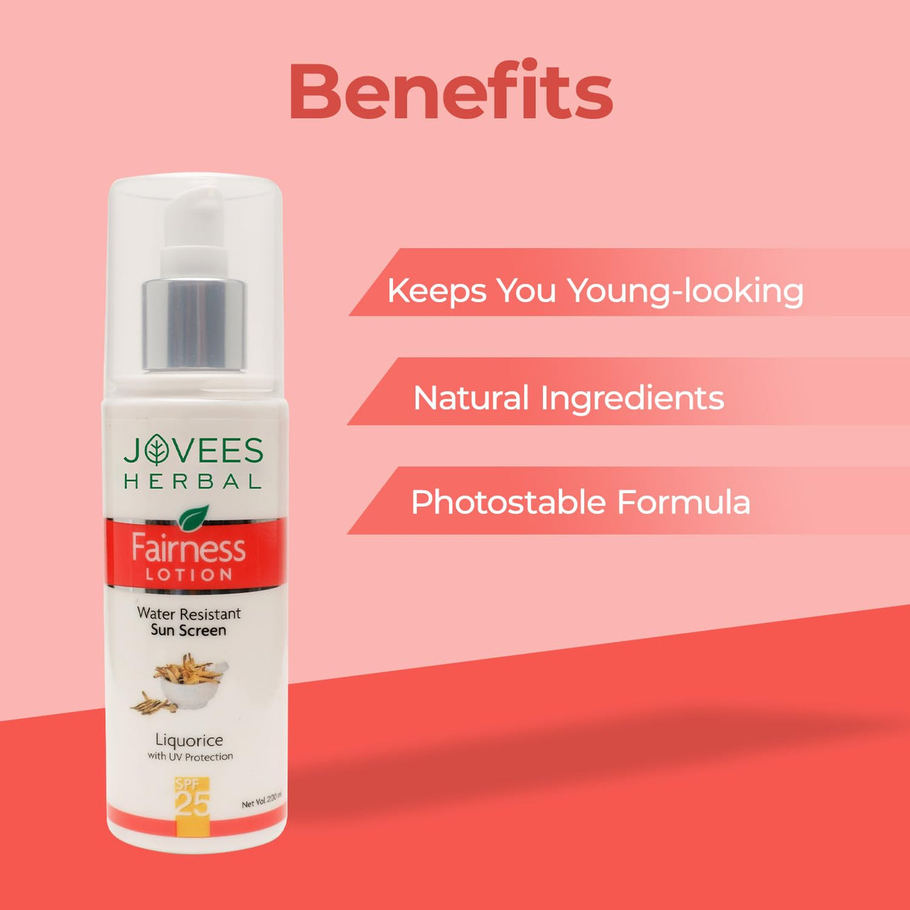Jovees Herbal Sunscreen Fairness SPF 25 Lotion for Oily, Sensitive | Light Weight,Non Greasy, Quick Absorbing | Protects from Tanning & Uneven Skin Tone 200 ML (Pack of 2)