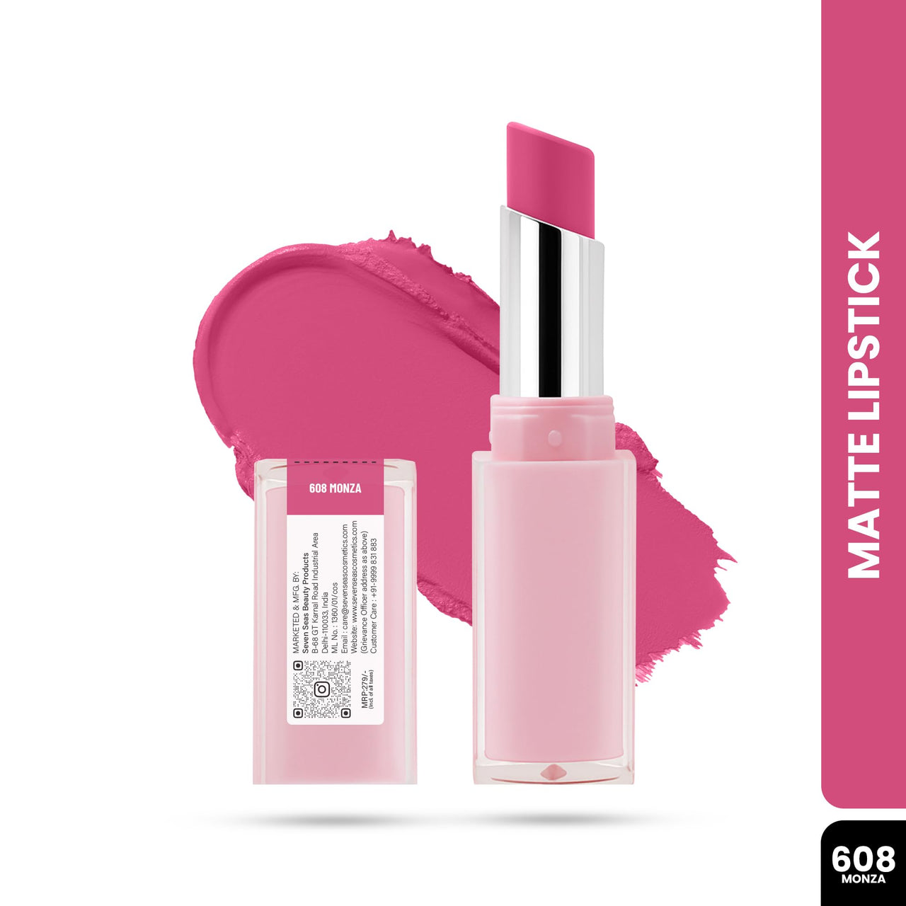 Seven Seas Creamy Matte Long Stay Lipstick | Smooth Glide | Waterproof & smudge proof lipstick | High Rich colors Matte Finish Lipstick (MONZA, 3.5g)