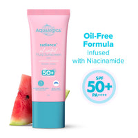 Aqualogica Radiance+ Oil Control Fluid Sunscreen for Oily Skin - 50 g | Ultra-Light Fluid Texture | SPF 50+ PA++++ UVA & UVB Protection | Oil Free | Controls Excess Oil | Non Greasy | No White Cast | For Men & Women