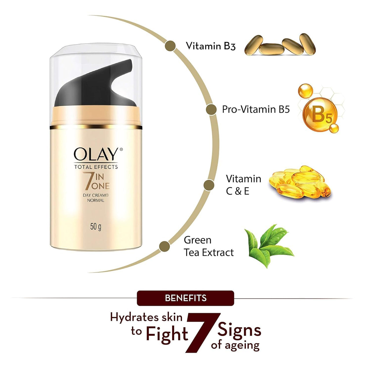 Olay Total Effects Anti Ageing Skin Cream (Moisturizer)| Fights 7 Signs of Ageing | With Niacinamide and Green Tea Extracts | Normal, Oily, Dry, Combination Skin | 50g (Day spf 50/normal)