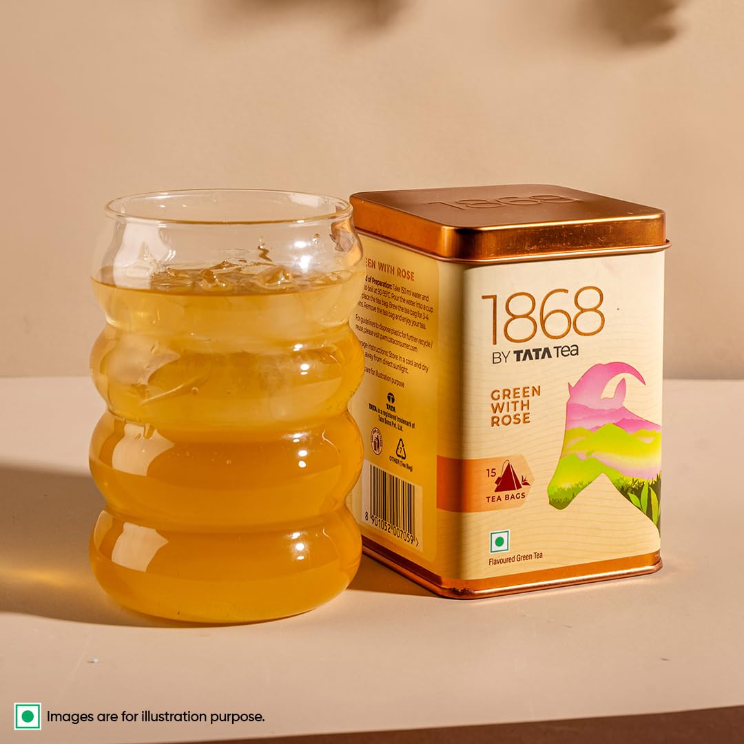 1868 by Tata Tea Green with Rose Tea Bags, Green Tea Leaves and Rose Petals, Green Tea Rich in Antioxidants, 15 Tea Bags