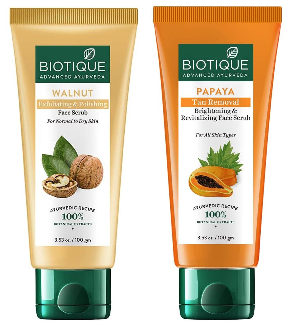Biotique Bio Papaya Revitalizing Tan-Removal Scrub, 100g & Walnut Purifying & Polishing Scrub, 100g