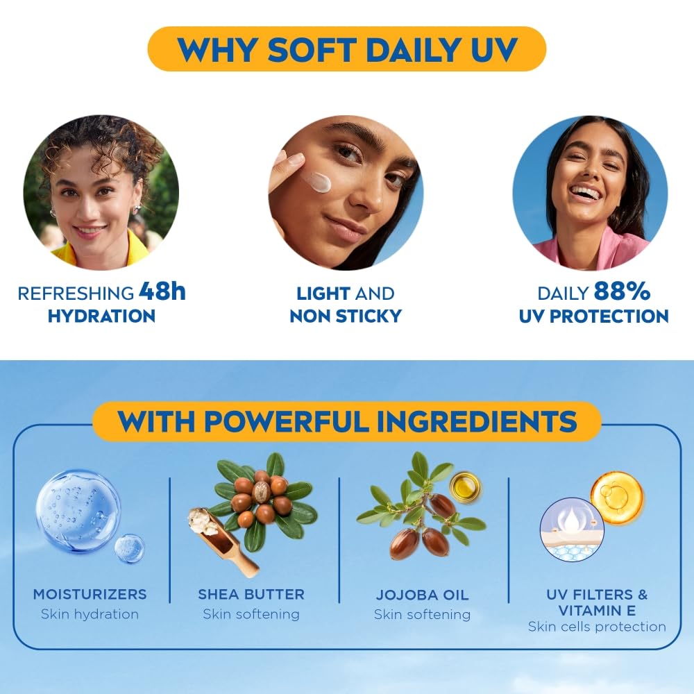 NIVEA Soft Daily UV Light Moisturising Cream with SPF-15, Vitamin E, Shea butter and Jojoba oil | Light Weight & Non Greasy | 48H Hydration| UV Protection | All Skin types |200ml