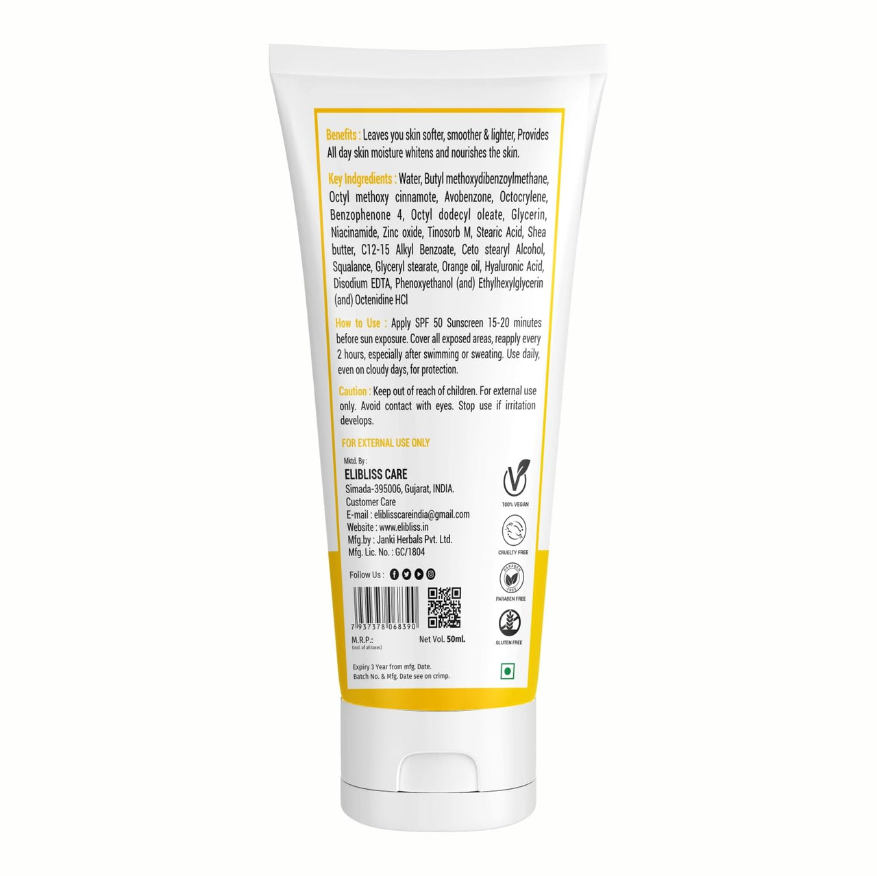 Elibliss Eco Glow Sunscreen Lotion SPF 50+ PA+++ | Broad Spectrum UVA & UVB Protection with Vitamin C & Niacinamide | Non-Greasy, All Skin Types - 50ml