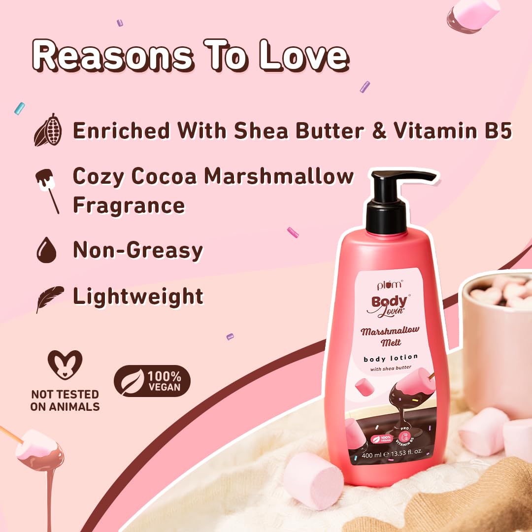 Plum BodyLovin' Marshmallow Melt Body Lotion, Shea Butter & Vitamin B5 For Deep Moisturization, Non-Greasy, Soft & Glowing Skin, For Dry to Very Dry Skin, Cozy Cocoa Marshmallow Fragrance (400 ml)