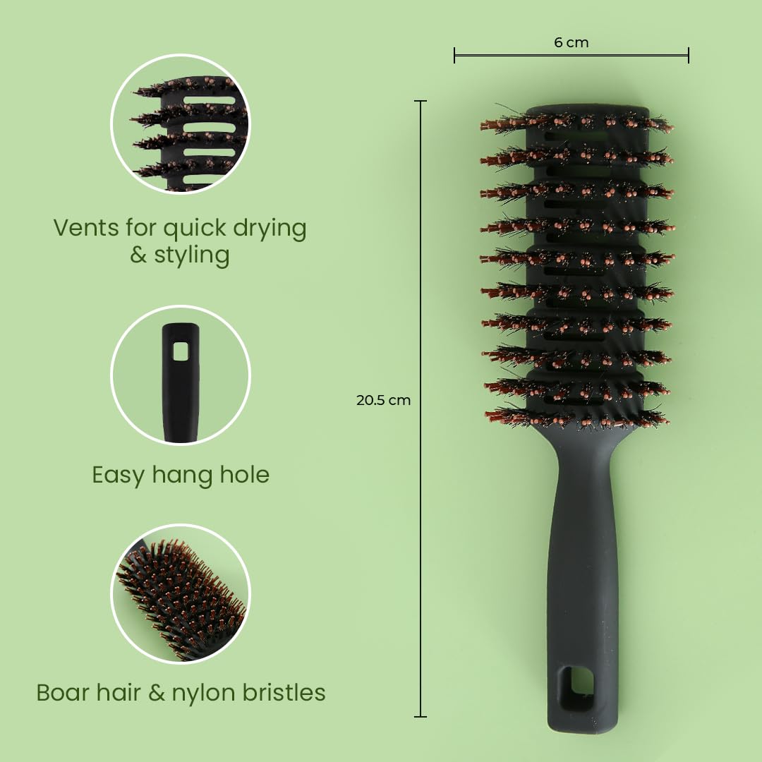 Rey Naturals Round Vented Hair Brush for men and women | Quick Drying & Pain Free Detangling | hair care products | Hair comb | Flexible Nylon Bristles (Black)