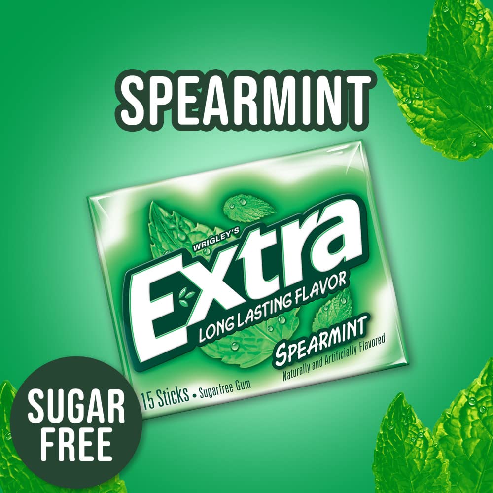 EXTRA Spearmint Sugar Free Chewing Gum Spring Break Travel Accessories, 15 Count (Pack of 3)