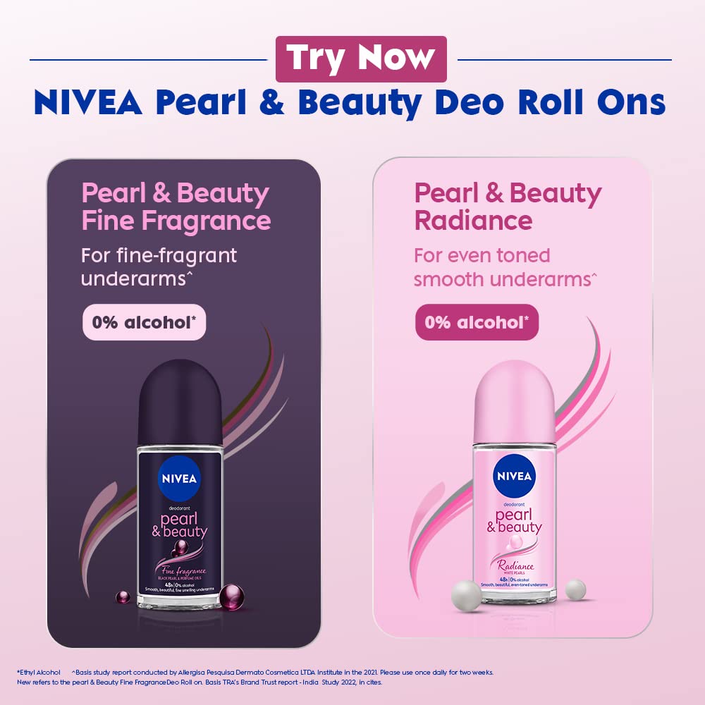 NIVEA Pearl and Beauty 50ml Deo Roll On | With Pearl Extracts & Avocado Oil| 72 H Smooth & Beautiful Underarms | 0% Alcohol | For Women