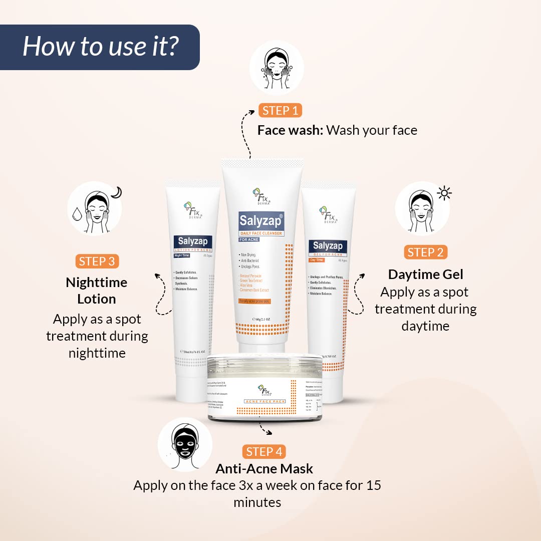 Fixderma Salyzap Acne Kit, Acne Kit for Face, Acne Control Kit, Complete Skincare Regimen for Acne and Dark Spots, Includes Salyzap Facewash, Day time gel, Night time gel and Face pack,