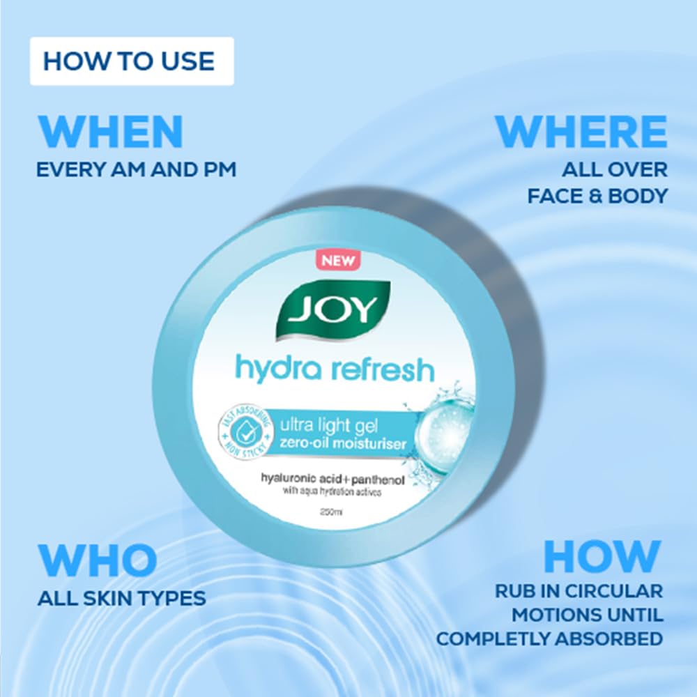 Joy Hydra Refresh Ultra-Light Gel | 48 Hours Hydration | Oil Free Moisturiser | with Hyaluronic Acid | Super Light Gel for Oily, Dry & Combination Skin | For Face & Body, 150ml