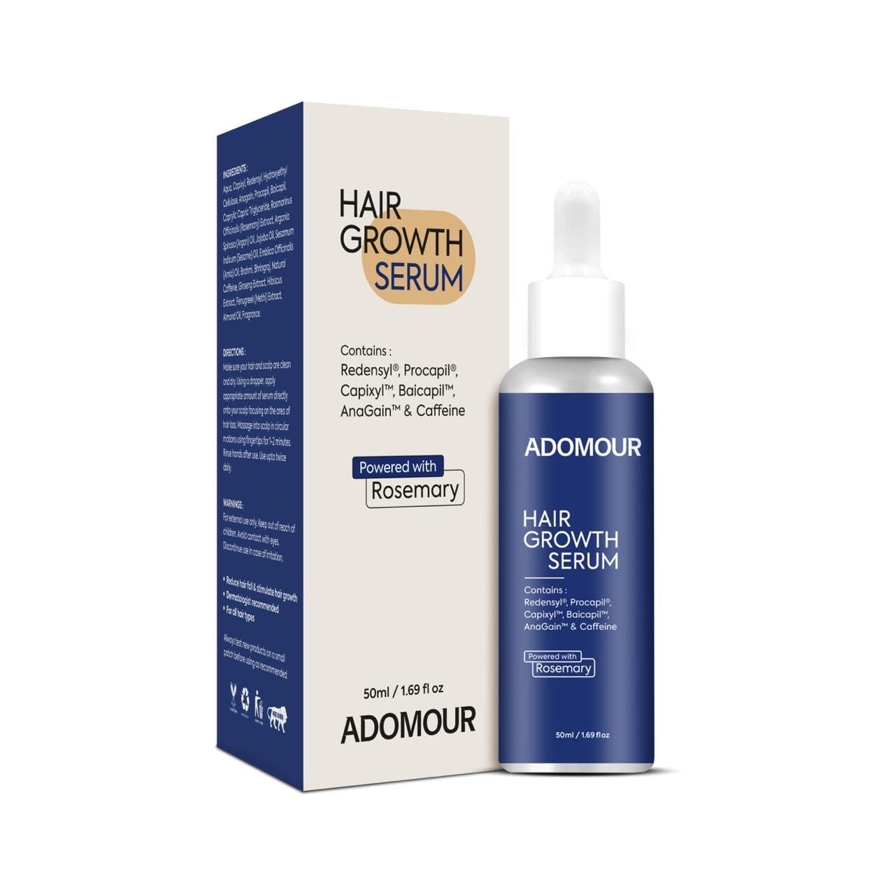 Adomour Hair Growth Serum with Rosemary, Redensyl, Procapil, Strengthens Hair Roots & Improves Hair Density | Hair regrowth & Hair fall control serum for Men & Women | Natural DHT Blocker | 50ml