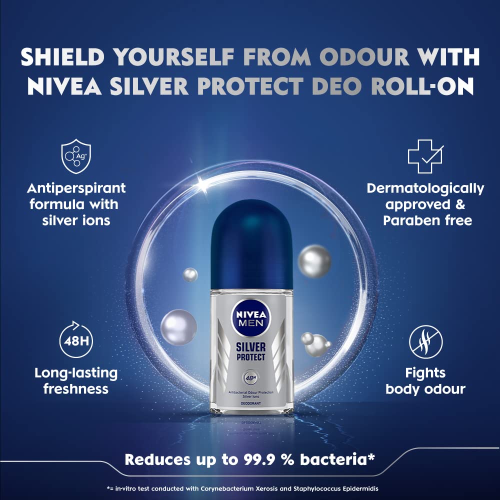 Nivea Deodorant Roll On, Silver Protect for Men, 50ml (Pack of 3)