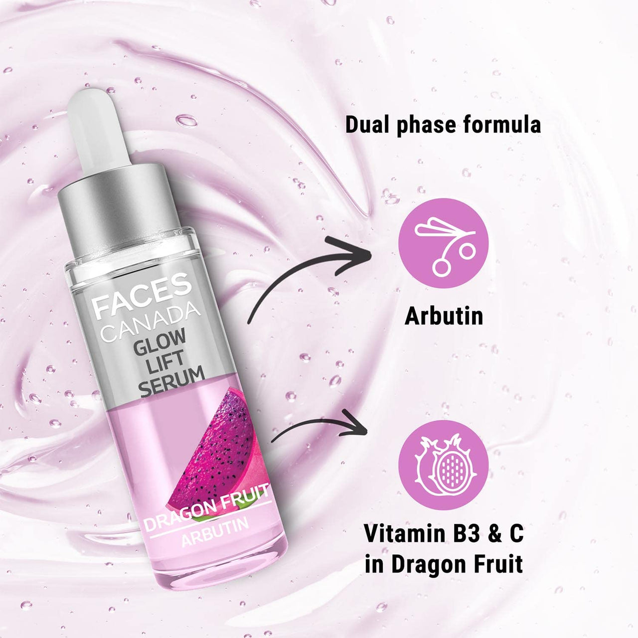 FACES CANADA Glow Lift Serum, 27 ml | Dragon Fruit & Arbutin | Biphasic Face Serum | Restores Glow & Hydrates For Spotless, Radiant & Plump Skin | Helps Reduce Dark Spots & Pigmentation | 2% Salicylic Acid (w/w)