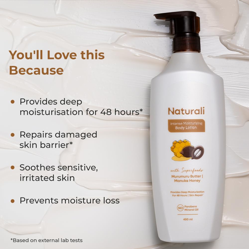 Naturali Intense Moisturisation Body Lotion With Murumuru Butter & Manuka Honey | 48 Hours Deep Moisturisation | Repairs Skin | Paraben & Mineral Oil Free | 400ml