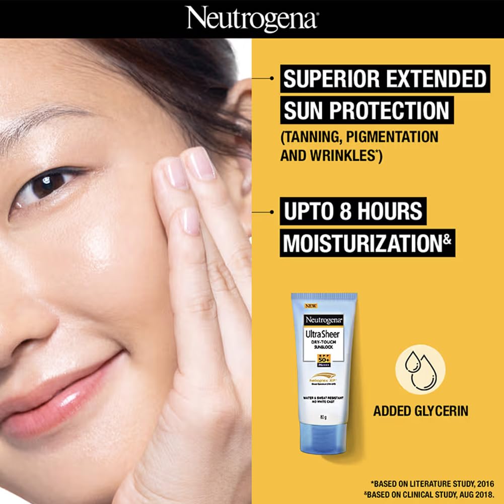 Neutrogena Ultra Sheer Sunscreen SPF 50+ | Broad Spectrum UVA/UVB | Blue light protect | No White Cast | Water resistant, Ultra light & Non sticky | Oily, Dry & Sensitive Skin | 80 g (Pack of 1)