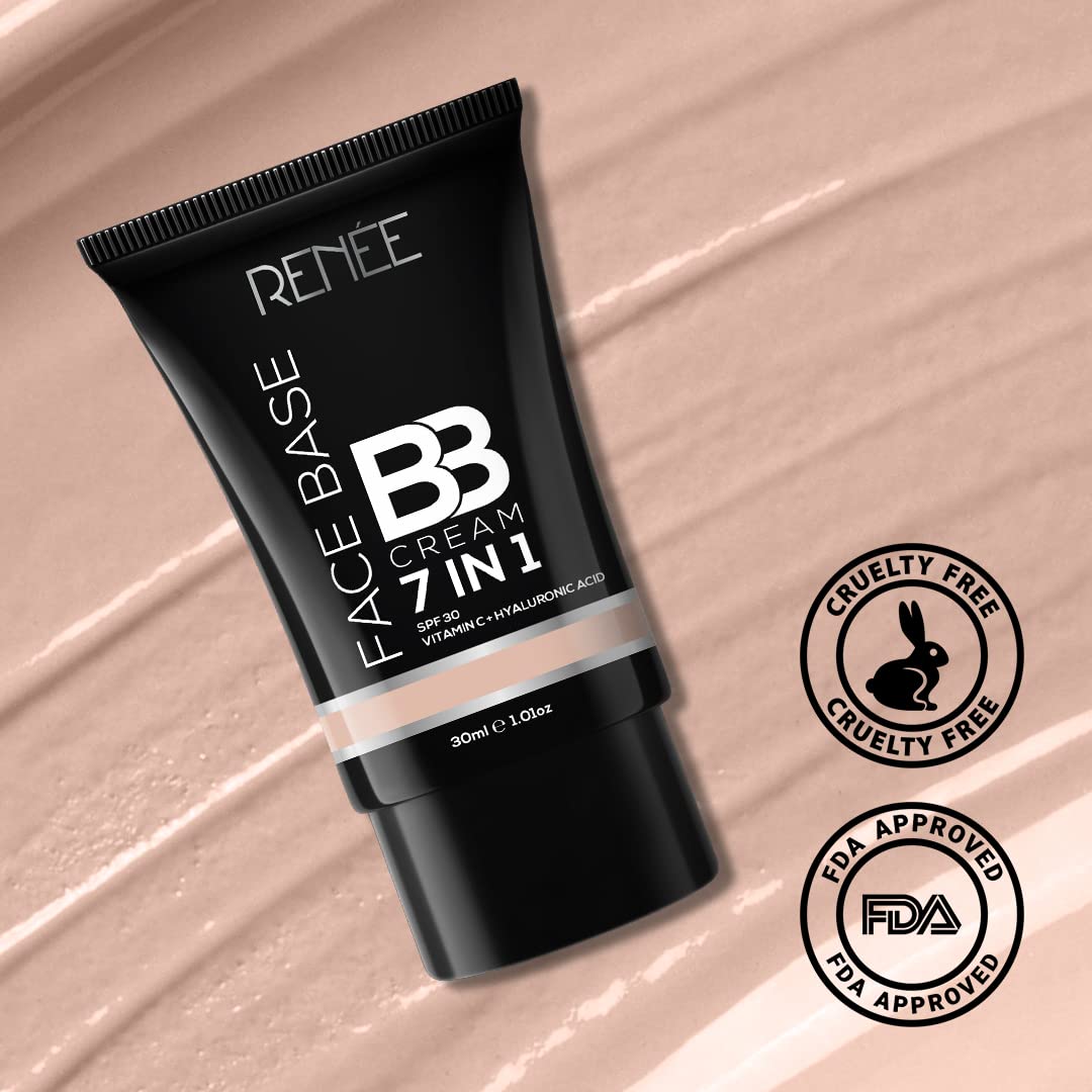 RENEE Face Base BB Cream 7 in 1 with SPF 30 PA+++ Peanut 30ml| Enriched with Hyaluronic Acid & Vitamin C| Hydrates, Nourishes & Smoothens Skin