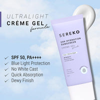 Sereko Sunscreen SPF 50 PA++++ Creme Gel with Zero White Cast for Women & Men | 24hrs Hydration, Quick Absorbing & Non Greasy | UVA+UVB & Blue Light Protection | Suitable to All Skin Type