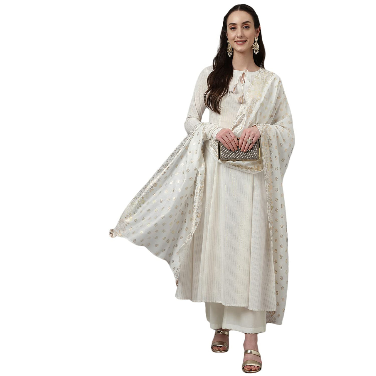 FIORRA Women's  Off White Pure Cotton Flared Kurta with Palazzo and Dupatta S