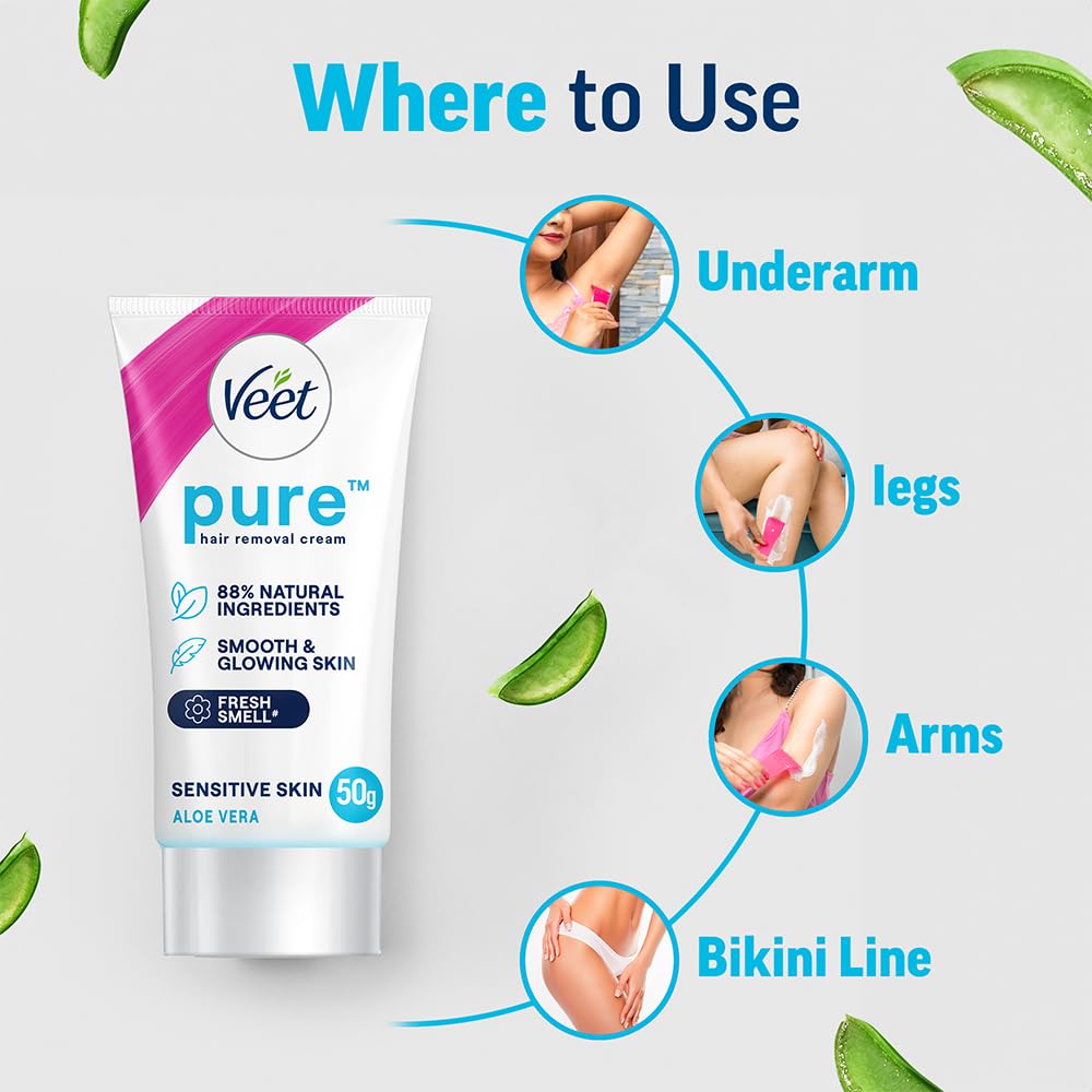 Veet Pure Hair Removal Cream for Women For Sensitive Skin - 50g Pack Of 3 | Suitable for Legs, Underarms, Bikini Line, Arms