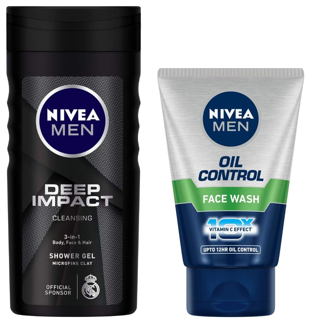 NIVEA Men Face Wash, Oil Control, 10x Vitamin C, 100g And NIVEA Men Shower Gel, Deep Impact Cleansing Body Wash, Men, 250ml