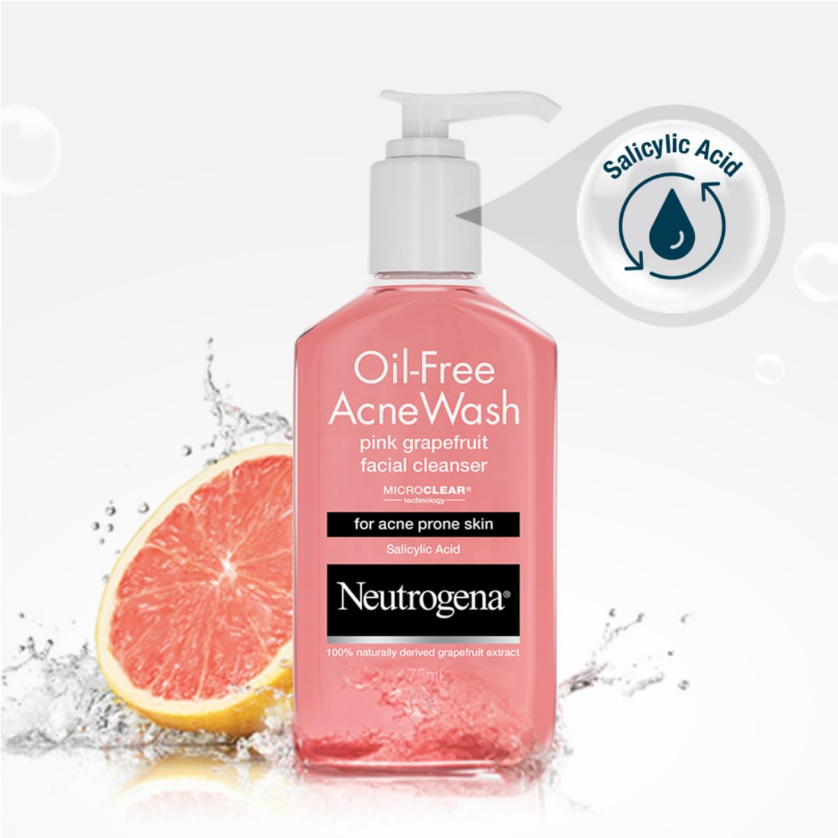 Neutrogena Oil Free Acne Wash | Pink Grapefruit | Deep Cleansing Face Wash with Salicylic Acid | Alcohol Free, Non Comedogenic & Dermatologically Tested | For Oily Acne Prone Skin | 175ml