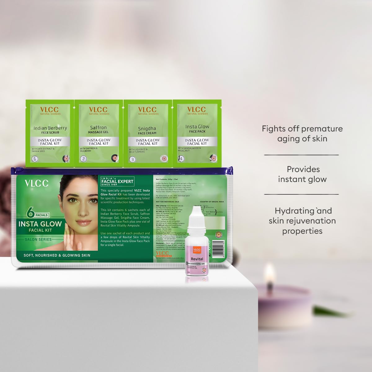 VLCC Salon Series Insta Glow Facial Kit (6 Facials) - 240g + 12ml | Fights Premature Ageing | Youthful Glow Facial Kit with Saffron & Berberry | Anti-Microbial and Complexion Brightening