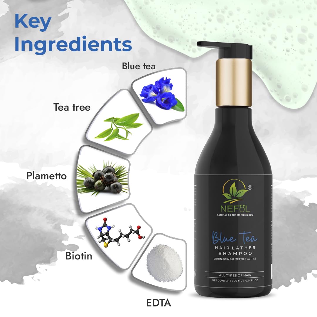 Nefol Hair Lather Shampoo with Blue Tea, Tea Tree, Biotin, and Saw Palmetto - Reduces Hair Loss, Nourishes Follicles - 300ml