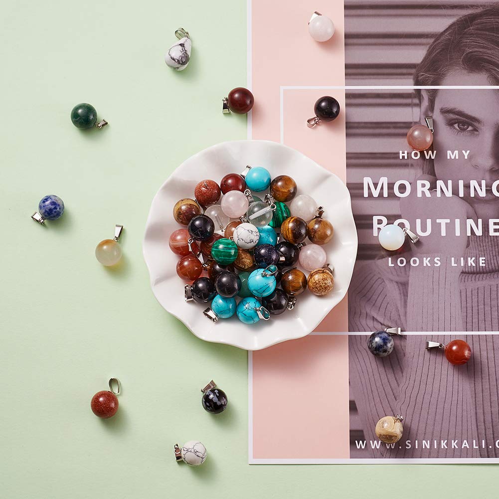 FASHEWELRY 50Pcs Chakra Round Stone Pendants Mixed Healing Crystal Quartz Gemstone Charms for Necklace Jewelry Making Hole: 2x7mm 6-Mixed Color-Ball-Random