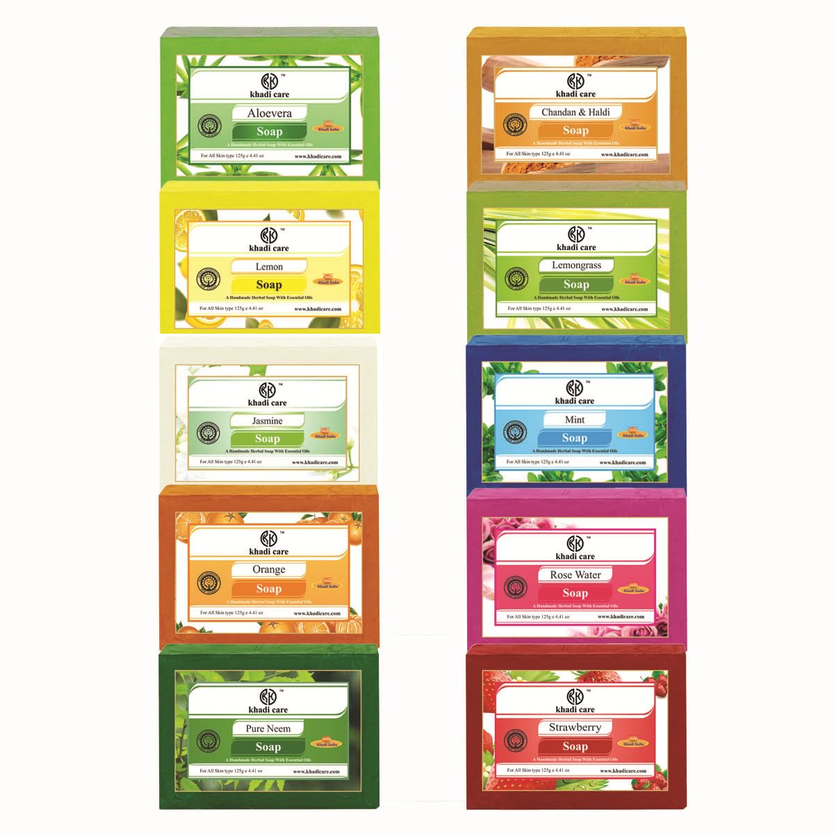 Khadi Care Handmade Herbal Soap Combo | Assorted Natural Soap Gift Set | Enriched with Essential Oils | 125g*10 | Pack of 10