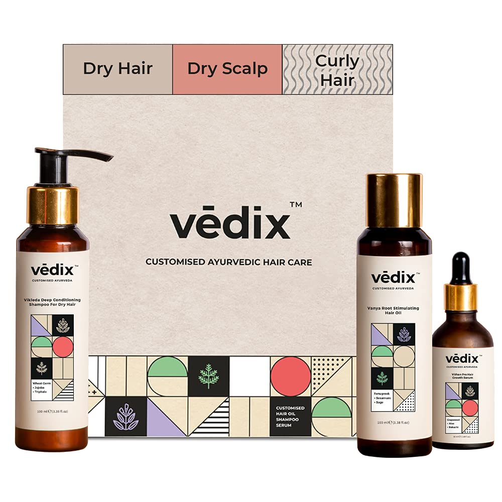 Vedix Customized Hair Fall Control Regimen For Dry Hair/Scalp & Curly Hair - 3 Product Kit - Anti Hair Fall Oil Fenugreek + Sesamum - Shampoo For Dry Hair - Vithan Pro Hair Growth Serum - 540 Grams