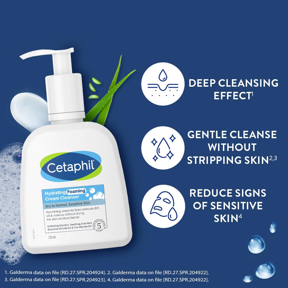 Cetaphil Hydrating foaming Face Wash, Cream to Foam Cleanser 236ml | Niacinamide, Pro-Vitamin B5 & and Aloe for Gentle Cleansing Moisturising Cream for Face & Body, Dry to Normal skin, 80 gm